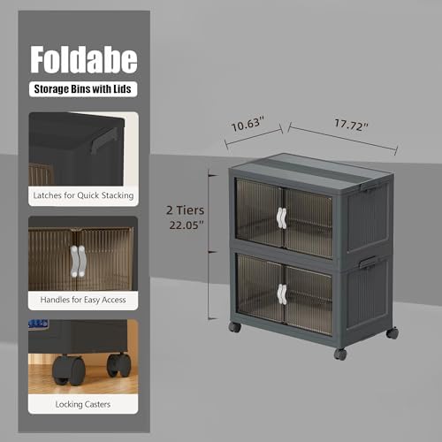 Collapsible Storage Bins with Lids and Front Doors, Heavy-Duty Stackable Plastic Organizers, Folding Utility Storage Boxes for Garage, Office, Pantry and Home (2, Dark Grey, 9 Gal/Rack) - Image 2