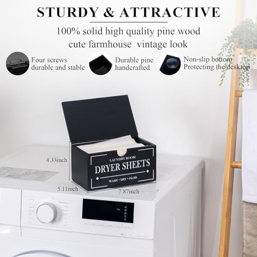 HouseJoy Dryer Sheet Holder-Black Dryer Sheet Container with Lid,Wooden Laundry Room Organization and Storage,Rustic Farmhouse Dryer Sheet Dispenser for Laundry Room Decor,Fabric Softener Containers - Image 2