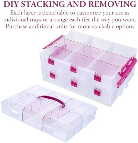 MyGift 11 Inch Clear Arts and Crafts Stackable Container, Sewing Supplies Storage Organizer Case with Pink Accents, 24 Customizable Compartments, and 6 Drawers with Removable Dividers - Image 2