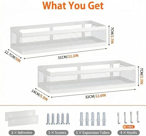 PUSDON Mesh Shower Caddy Wall Mount, Heavy Duty Adhesive Bathroom Shelf Organizer, Rustproof Floating Spice Rack for Kitchen Pantry, Holds 50 LBS, Multi-Purpose Storage White-2 Packs (Netting) - Image 3