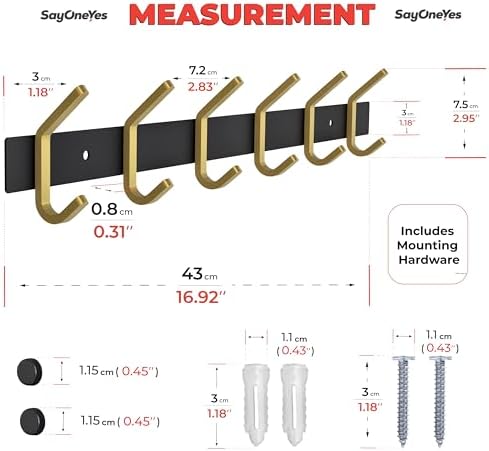 Coat Rack Wall Mount – Black and Gold Hook Rail with 6 Double Coat Hooks, 17 Inch Stainless Steel Wall Hooks for Entryway, Bathroom, Bedroom, Closet, Towel, Hat, Bag, Heavy Duty Organizer - Image 2