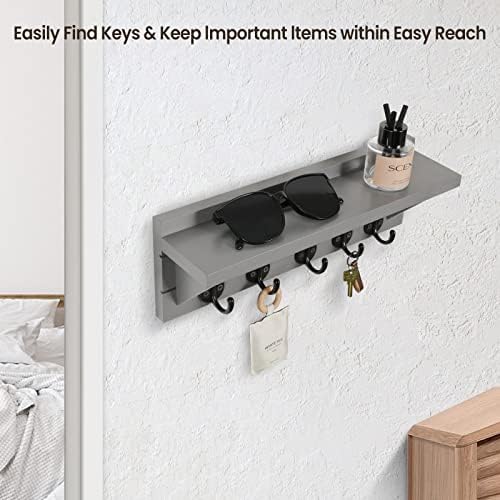 Lwenki Wall Key Holder with Shelf, Rustic Shelf with Hooks Made of Paulownia Wood Holds Keys, Dog Leash, Bags and More - 13.7" W x 4.7" H x 3.5" D Decorative Key Hanger and Entryway Shelf (Gray) - Image 4