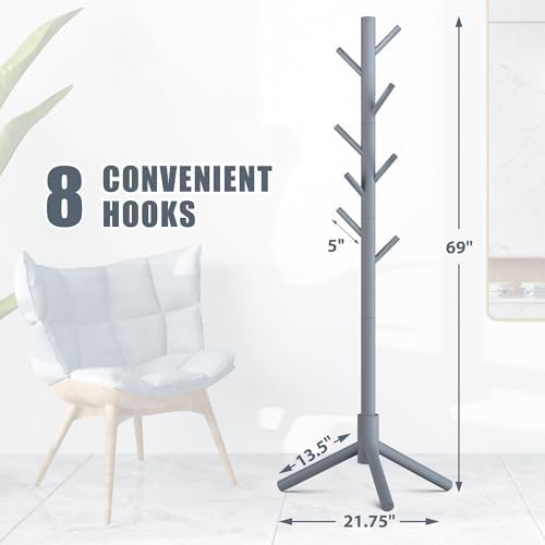 Haddockway Wooden Coat Rack Stand with 8 Hooks New Zealand Pine 3 Adjustable Coat Standing Tree Easy Assembly for Coats, Hats, Scarves and Handbags for Entryway, Hallway, Bedroom, Office - Image 2