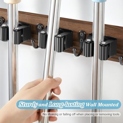 Brown Broom Holder Wall Mount - Heavy Duty Wood Mop and Broom Organizer with 5 Slots & 4 Hooks - Rustic Garden Tool Hanger for Laundry Room Closet Kitchen Garage Storage and Organization - Image 2