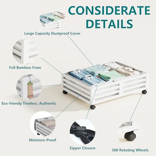 Under Bed Storage with Wheels-Large Bamboo Underbed storage Containers with Large Dust Bag Stackable Under the Bed Shoe Storage Bins for Clothes Books Bedding (2 Packs White, 23.62"L×16.54"W× 6.51"H) - Image 4