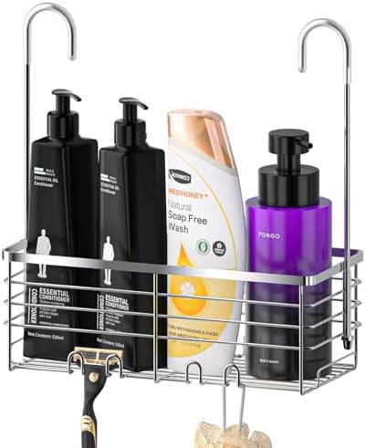 SHANSHUI Shower Hanging Caddy, Bathroom Shower Organizer Basket, Shampoo Bracket, Over Door Showers Rack with Hooks, 304 Stainless Steel Rustproof by SHANSHUI