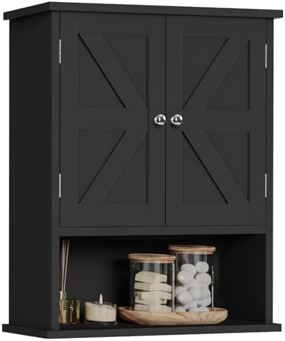 TEENFON Bathroom Wall Cabinet Over the Toilet Storage Cabinet with Barn Doors and Adjustable Shelves Bathroom Cabinet Over Toilet for Bathroom, Kitchen, Laundry Room,Black by TEENFON