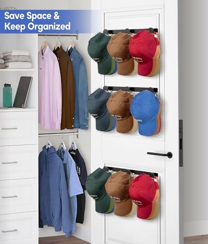 KIMBORA 4 Packs Hat Rack for Wall, Hat Organizer for Baseball Caps Holds 36 Hats, 3 Mounting Options Hat Hook Hanger, Strong Baseball Hat Holder Storage, Cap Display for Door, Room, Closet (Black) - Image 6