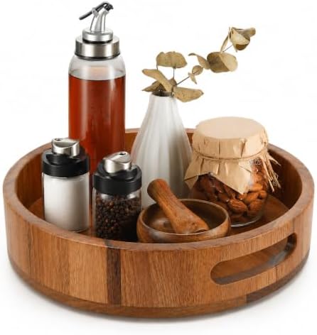 Wooden Lazy Susan – 10 in Acacia Wood Turntable Organizer for Cabinet，Multi-Purpose Home Decor Rotating Tray for Bathroom Accessories, Bedroom Makeup Organizer & Countertop Storage by MinBoo