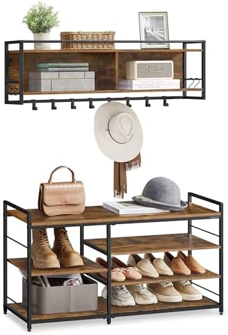 VASAGLE Hall Tree with Shoe Bench, 12 Metal Hooks, 4-Tier Shoe Rack by Unknown