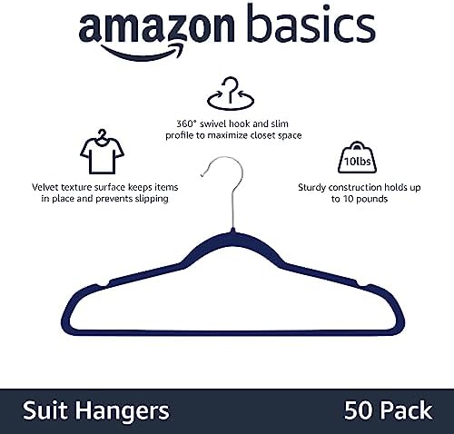 Amazon Basics Slim Velvet Non-Slip Space Saving Suit Clothes Hangers for Closet Organization, Navy Blue/Silver, 50-Pack - Image 2