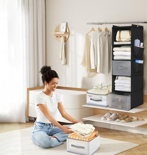 5-Layer Suspended Fabric Shelf Organizer, Equipped with 2 Sturdy Hooks, 2 Separate Drawers, and Foldable Hanging Storage (Black) - Image 2