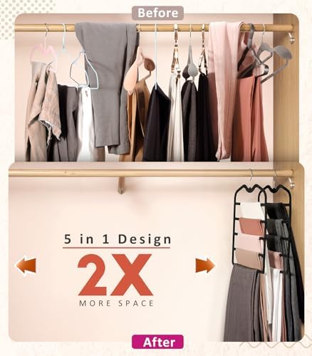 Pants Hangers Space Saving,3 Pack Velvet Short Neck Pants Hangers,5 Tier Space Saving Velvet Hanger,Closet Organizers and Storage Dorm Room Essentials for College Students Girls Guys Holds Pant,Jean - Image 3