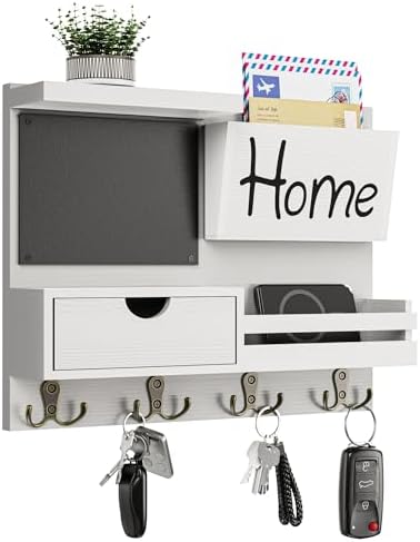 Farmhouse Key Holder for Wall with Mail Organizer - Easy Installation Wall Mount Organizer, Includes Chalkboard, Drawer, Wallet Holder & 4 Double Hooks, Ideal for Entryway, Quick Access - White by Dvobez