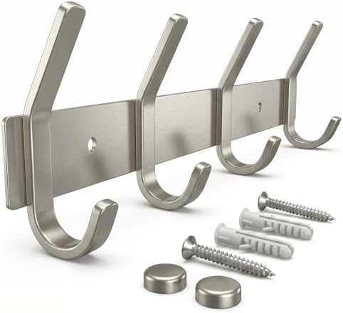 Coat Rack Wall Mount – Brushed Nickel 12 Inch Stainless Steel Hook Rail with 4 Heavy Duty Double Coat Hooks – Wall Mounted Coat Hanger for Entryway, Bathroom, Bedroom, Towel, Hat Organizer by SAYONEYES