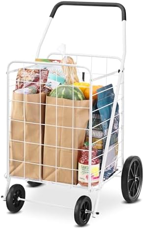 Whitmor Deluxe Utility Foldable Shopping Cart with Wheels, 100 Lb Capacity, Heavy Duty Grocery Cart with Steel Frame, Foam Handle, Rolling Folding Utility Trolley for Grocery, Laundry, Travel, White - Image 4