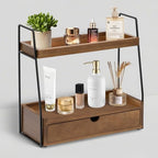 2-Tier Bathroom Countertop Organizer with Drawer, Wood Vanity Shelf Brown by dreampossible