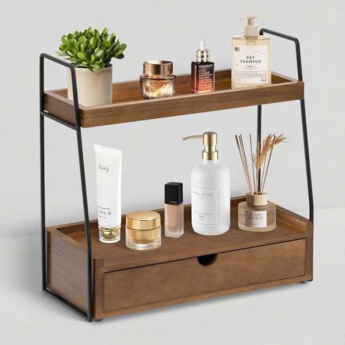 2-Tier Bathroom Countertop Organizer with Drawer, Wood Vanity Shelf Brown by dreampossible