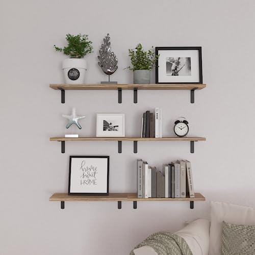 WOPITUES Wood Floating Shelves Set of 6, Shelves for Wall Decor, Farmhouse Shelf for Bedroom, Bathroom Storage Shelves, Book Shelves for Living Room - Rustic Brown (Pack of 2) - Image 6