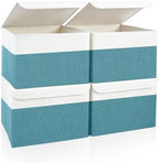 Bagnizer Large 22 Quart Linen Fabric Foldable Storage Bin Cube Organizer Basket with Flip-Top Lid & Handles, Clothes Blanket Box for Home, Office, Closet, Teal & White, 4 Pack 14.6 x 9.5 x 9.5 by Bagnizer