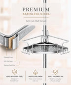 ALLZONE Corner Shower Caddy Tension Pole, 4 Hang-On Basket with Mixed-Height Shelves for Various Bottle Sizes, Extra Hooks & Soap Holder, Rustproof Stainless Steel, Fits 34–116 Inch, Silver/Dark Gray - Image 7