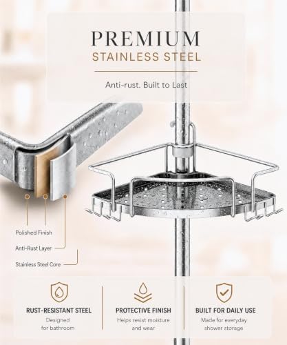 ALLZONE Corner Shower Caddy Tension Pole, 4 Hang-On Basket with Mixed-Height Shelves for Various Bottle Sizes, Extra Hooks & Soap Holder, Rustproof Stainless Steel, Fits 34–116 Inch, Silver/Dark Gray - Image 7