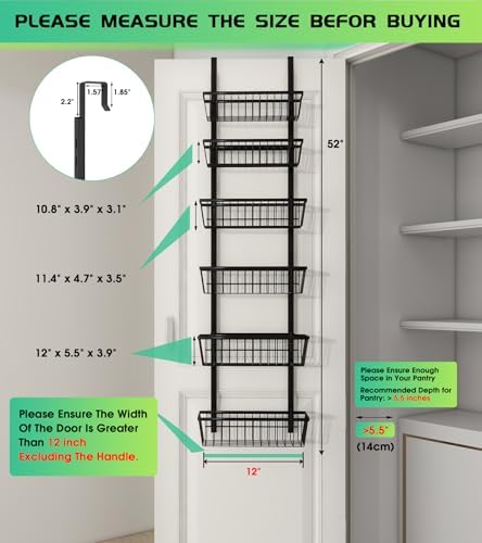 Mefirt 12 Inch Wide Narrow Over The Door Pantry Organizer 6-Tier Black - Image 2