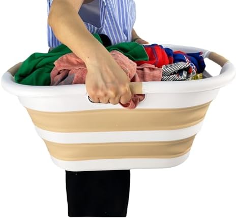 SAMMART 40L (10.5 gallon) Collapsible Plastic Laundry Hamper - Foldable Pop Up Storage Container/Organizer - Portable Washing Tub - Space Saving Basket (1, White/Beige) - Image 5