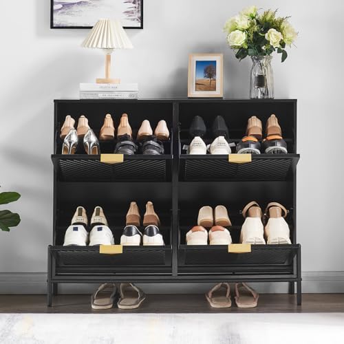Shoe Cabinet with 4 Flip Drawers, Narrow Entryway Rack, Black - Image 3