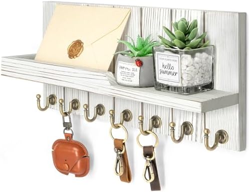 Rebee Vision Key Holder Wall Mount with 7 Hooks for Entryway, Whitewash by REBEEVISION