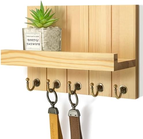 Rebee Vision Key Holder Wall Mount with 5 Hooks for Entryway, Original Wood by REBEEVISION