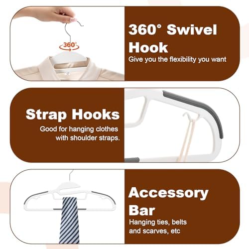 HOUSE DAY Slim Plastic Hangers with Non Slip Rubber Pads, 50 Pack, White | Space saving closet organizer, heavy duty S-shape, rubber grip pads help keep shirts, suits, coats, pants, skirts in place - Image 3