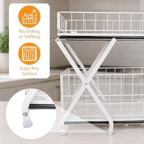 Pull Out Under Sink Organizer with Sliding Shelves, Adjustable Height (12.6–15.4"), 2 Tier Under Cabinet Storage Rack, Foldable Kitchen Sink Organizer for Bathroom and Kitchen Storage, White - Image 3