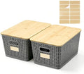 Bagnizer 2 Pack Tall Plastic Storage Bins with Bamboo Lids, 10.8qt Stackable Storages Baskets for Organizing Desktop Closet Playroom Classroom Office, 12"L x 8.3"W x 6.1"H, Gray by Bagnizer