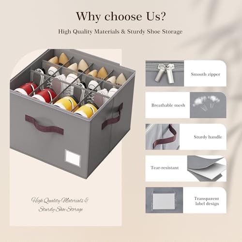 Criusia Shoe Organizer for Closet, 3 Pack Shoe Organizer with Transparent Cover and Sturdy Handles, Closet Shoe Storage for Sneakers Sandals Slippers, Fit 12-16 Pairs, Gray - Image 4