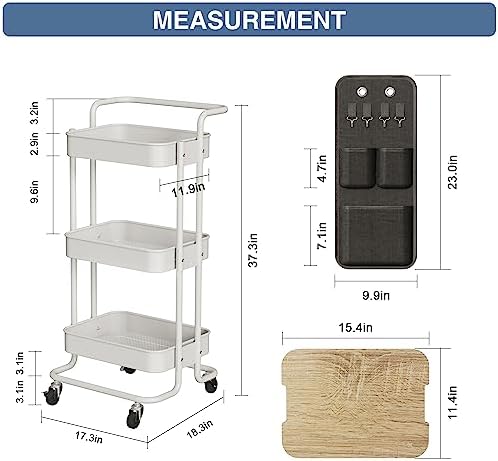 DTK 3-Tier Rolling Cart with Table Top, Metal Utility Cart with Side Bags - Image 6