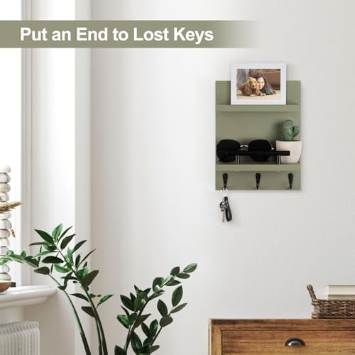 Key Holder Wall Mount, Mail Shelf Decor with 3 Key Hooks, Versatile Wood Wall Organizer for Entryway Hallway (8.2” x 10.6”x 3.6”) (Sage Green) - Image 5