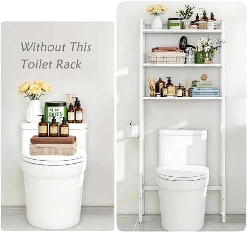 Over The Toilet Storage, Wooden 3-Tier Over-The-Toilet Rack Bathroom Space Saver Organizer, Freestanding Above Toilet with Toilet Paper Holder and Hooks (White) - Image 3