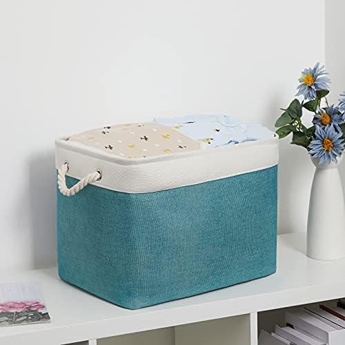 Bidtakay Foldable Storage Bins Set of 2 Tall Cloth Baskets 16" X 11.8" X 11.8" Decorative Organizers for Linen Closet (White & Teal) - Image 5