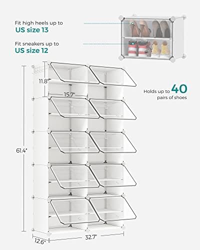 SONGMICS Shoe Rack, 10-Tier with Doors, 40-Pair Storage Cabinet | Shoe Organizer, Steel Frame, Plastic Panel, Bedroom, Entryway, Cloud White and Transparent, DAMION Collection ULPC035W01 - Image 3