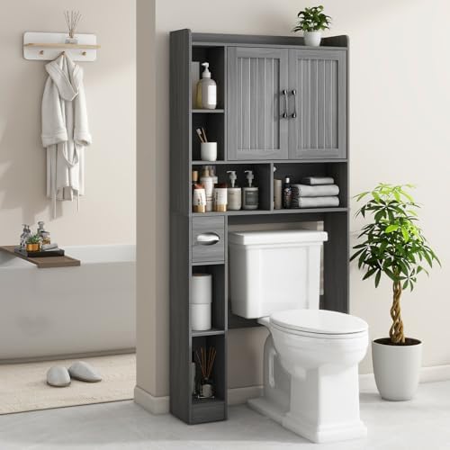 Vabches Farmhouse Over The Toilet Storage Cabinet with Barn Door, Wash Grey - Image 7