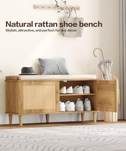 Akxomel 39.4" Rattan Shoe Storage Bench 2 Doors Wooden Entryway Bench Oak - Image 3