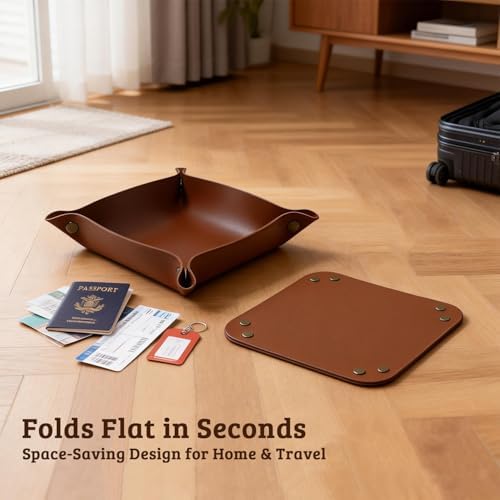 3 PACK PU Leather Jewelry Valet Tray Organizer, Foldable & Portable Catch All Bowl for Entryway Table, Nightstand, Desk & Travel | Storage Dish for Keys, Watch, Coin, Glasses (Brown) - Image 6