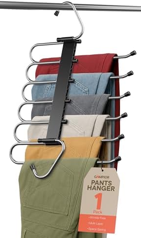 Black Space Saving Pants Hangers 1 Pack, 6 Layer Jeans Hangers and Closet Organizer for Jeans, Scarves, Skirts, Multi-Layer Hanger with Anti-Slip Coating & Stopper, Heavy-Duty S-Type Stainless Steel by Campior