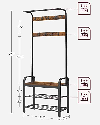 VASAGLE Coat Rack, Hall Tree with Shoe Bench, 4-in-1, 9 Removable Hooks - Image 5