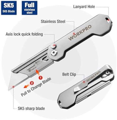 WORKPRO 2PCS EDC Folding Utility Knife, Mini Box Cutter with Quick Open Axis Lock, Quick Change Blade Razor Knife, Foldable Small Pocket Knife with Belt Clip, 2 Packs with 10 Extra Blades - Image 3