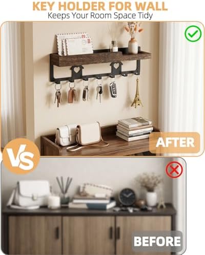 lucdnc Key Holder for Wall Mounted with Tray, 7 Hooks & Wood Shelf - Image 4