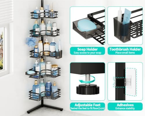 HapiRm Corner Shower Caddy Stand - 5-Tier Adjustable Shower Shelves, Black - Image 3