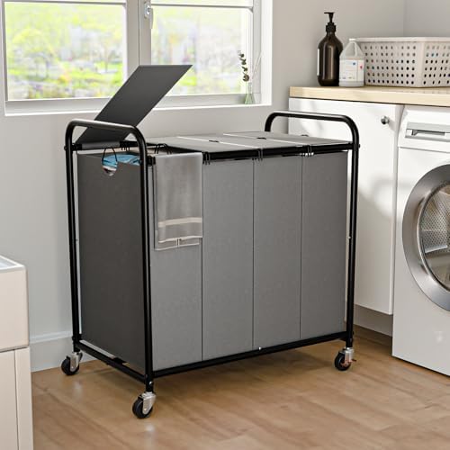 Laundry Sorter 4 Sections 48 Gal, Rolling Laundry Basket with Wheels ＆ Lid by OLLDIDE