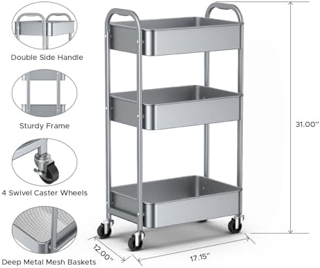 MAX Houser 3-Tier Rolling Utility Cart with Caster Wheels, Silvery-Grey - Image 2